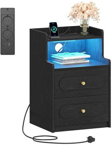 HEXCELEN Table de Chevet avec Lumière LED et Multiprise, Table de Nuit avec 2 Tiroirs et 1 Compartiment Ouvert, Tables d'appoint avec Rangement, pour Chambre à Coucher, Salon, Moderne, Noir