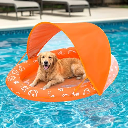 Gerrii Inflatable Dog Pool Float with Canopy for Swimming Outdoor 59''x39'' | Dog Pool Water Raft for Lake Swimming Float Lounger Tear Resistant Oxford Adjustable Sun Shade for Small Medium Large Pets