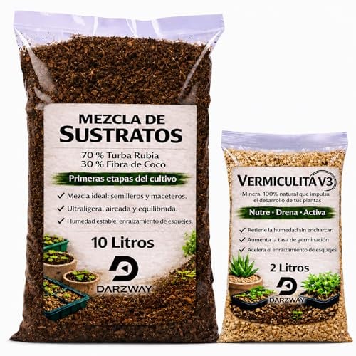 DARZWAY Sustrato Profesional 10 L + 2 L Vermiculita – Turba Rubia y Fibra de Coco – Ideal para Semilleros, Germinación y Esquejes – Tierra para Macetas y Huerto Urbano – Drenaje y Aireación Óptimos.