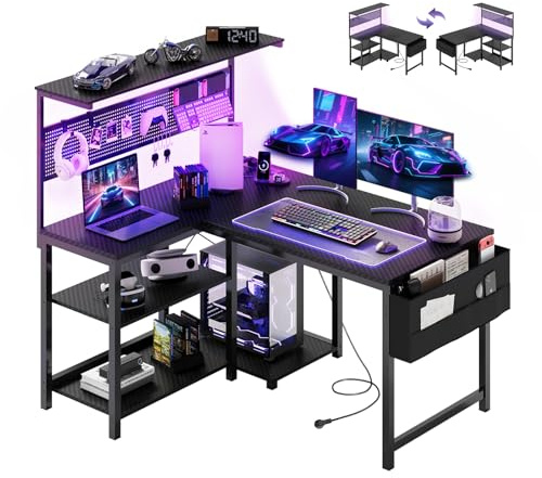 YOUDENOVA Gaming Schreibtisch L-Form mit LED, Steckdose, Wendbarer Eckschreibtisch mit Regal & Lochwand, 120x80cm Computertisch mit Stauraum, Gamer Tisch für Homeoffice & Gamer Carbonfaser Schwarz