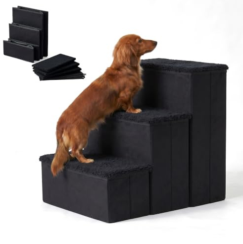 Relaxdays Hundetreppe, 3 Stufen, Stauraum, HxBxT: 48 x 40 x 54 cm, schwarz | faltbar, Stoffbezug, Hunderampe Bett & Sofa