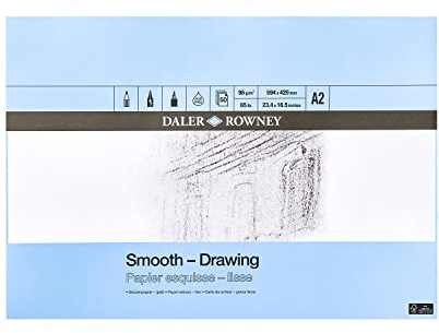 Daler-Rowney Smooth 96gsm A2 Drawing Paper 50 Sheets | Glued 1 Side, Acid Free, Natural White Sheets, For Professional Artists & Students