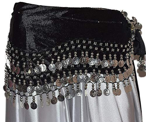 Tanzbekleidung & Accessories BAUCHTANZ MÜNZGÜRTEL HÜFTTUCH BELLY DANCE BAUCHTANZGÜRTEL HIP SCARF KARNEVAL XXL (XXL: 215 cm, Schwarz-Silber)