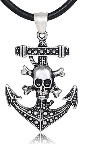 DonDon Herren Lederkette Leder Halskette 50 cm mit Edelstahl Anhänger Anker Skull Totenkopf