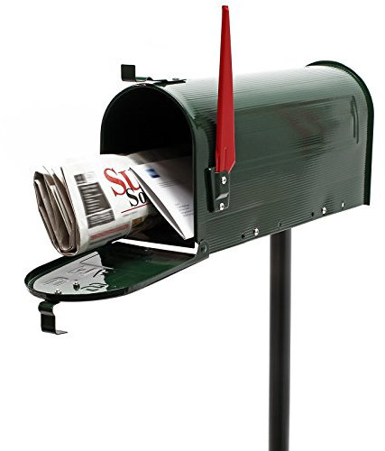 Wiltec Set US Mailbox grün 180 x 220 x 480 mm, amerikanischer Briefkasten mit Fahne, Standbriefkasten Stahl amerikanisches Design mit passendem Standfuß