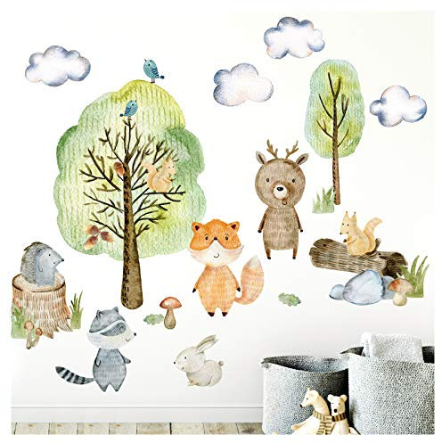 Little Deco Wandtattoo Waldtiere mit Bäume Pilze und Gras I M - 152 x 84 cm (BxH) I Wandsticker Babyzimmer selbstklebend Wandaufkleber Kinderzimmer Junge DL450