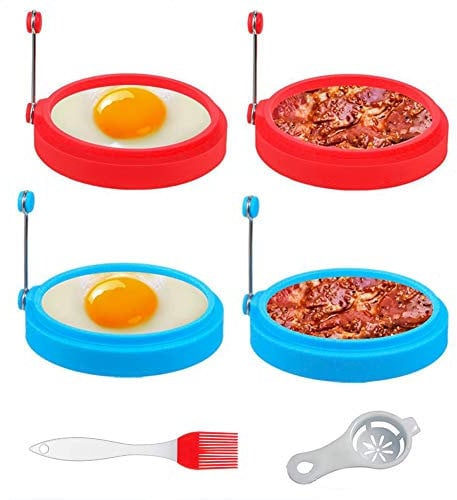 Egg Rings, 6 PCs Nonstick Silicone Egg Rings Pancake Molds for Frying, Reusable Cooking Rings for Frying Pan with Egg Yolk Separator and Silicone Oil Brush for Household Kitchen Cooking Tool