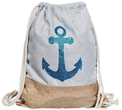 Cham Cham Damen Rucksackbeutel Textil 41x33 Blau Beige Anker Marine Turnbeutel