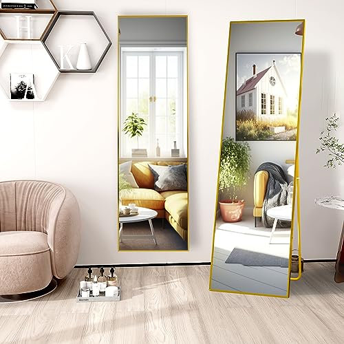 FANYUSHOW Miroir sur toute la longueur à poser ou à poser contre un mur, grand miroir rectangulaire pour chambre à coucher, cadre fin en alliage d'aluminium, 40.6 x 149.9 cm (doré)