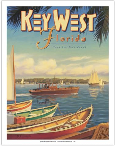 Pacifica Island Art - Key West, Florida - Urlaub das ganze Jahr über - Ernest Hemingway's Boot Pilar - Retro Weltreise Plakat von Kerne Erickson - Kunstdruck 28 x 36 cm