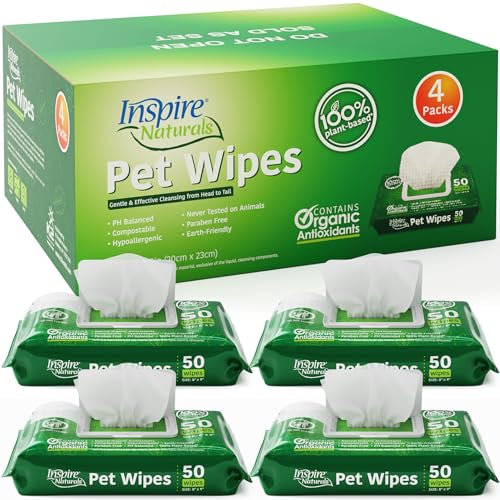 Inspire Naturals Reinigungstücher für Haustiere, 100% natürliche pflanzliche Basis mit organischen Antioxidantien, Reinigungstücher für Hunde und Hintern (200 Karat) – 4 Stück