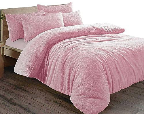 Pinkfairy® Plain Teddy Fleece Duvet Cover Quilt Bedding Set With Pillow Cases, Warm Cozy Super Soft Fluffy Luxury Design Bedset Reversible Easy Care (King, Pink)
