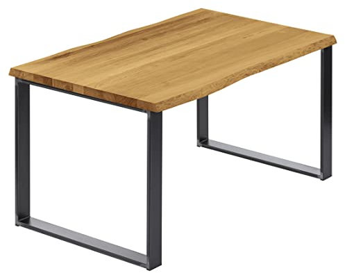 LAMO Manufaktur Esstisch Küchentisch Schreibtisch Couchtisch aus Massivholz, mit Baumkante 140x80x76 cm (AxBxH), Modern, Rustikal/Rohstahl mit Klarlack, LAB-01-A-003-0000M