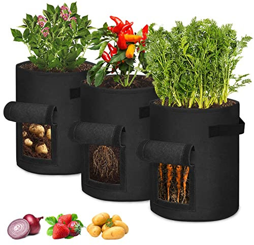 NAIZY 3 Stück Kartoffelsack, 10 Gallonen Pflanzsack Pflanzbeutel Pflanztopf mit Sichtfenster und Griffen für Kartoffeln, Blumen, Pflanzen, Gemüse (10 Gallonen, Schwarz)
