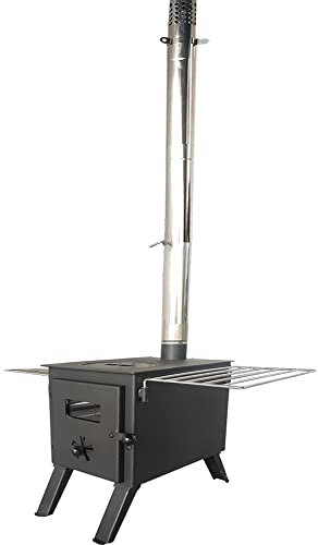 DWD ® Epping Camping Stove Portable Outdoor Log Wood Burner with Wing Racks, Stainless Steel Flue- Compact Camping Companion