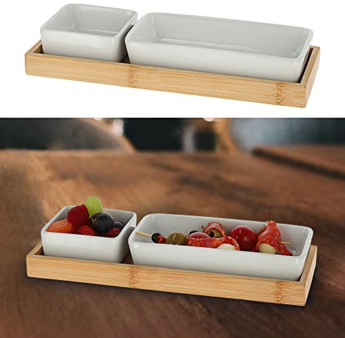 Cepewa Servierset 3tlg. Tablett 2 Schalen | Bambus Porzellan 25x10,5x4,5cm | Schüssel Snackschale Servierschale