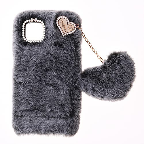 SNCLET Fluffy Plush Case für iPhone 13 Handyhülle Women Girls Case Cute Bling Bow Diamond Fluffy Furry Soft Warm Gradient Fur Protective Cover Silikon Hülle für iPhone 13,Dunkelgrau