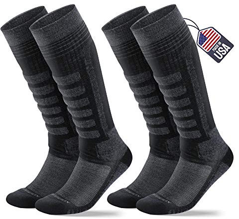 SAMSOX 2 Paar Merino Wolle Skisocken Made in USA Over-the-Calf Ski- und Snowboardsocken für Damen & Herren (Ashland), Grau/Schwarz, Small