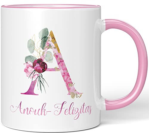 JUNIWORDS Tasse, Anouk-Felizitas, Name Anfangsbuchstabe Initial Alphabet Floral Buchstabe A Monogramm Motiv, Rosa (5495813)