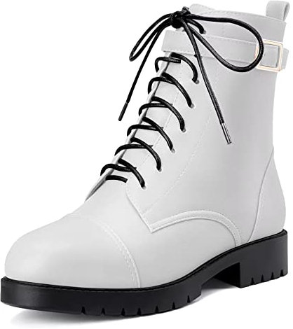 NobleOnly Donna Basso Chunky Blocco Tacco Heel Rotonda Punta Lacci Cerniera Stivaletti Ufficio Classico Scarpe Bianco 40 EU