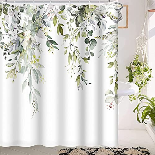 MIRRORANG Salbei Grün Eukalyptus, Aquarell Pflanze Blatt mit Blumen Bad Vorhänge mit Haken, Schimmel & Schimmel resistent Polyester waschbar,183x214cm