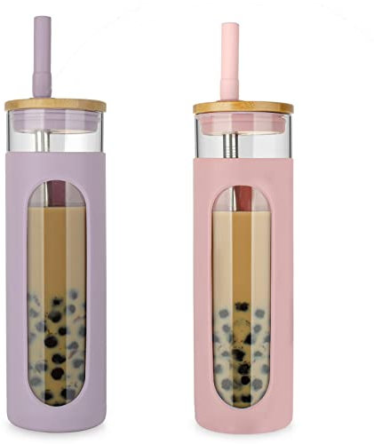 tronco 740 ml Glasbecher mit Bambusdeckel und Strohhalm, Glasbecher für Boba, Eiskaffeebecher, wiederverwendbar, Smoothie, spülmaschinenfest, BPA-frei