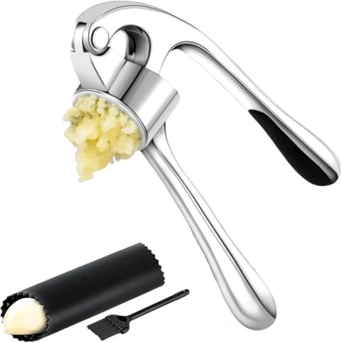 FENGCHUANG Garlic Press, Stainless Steel Professional Kitchen Ginger Crusher,Garlic Slicer, Garlic Press with Garlic Peeler and Brush, User-Friendly Garlic Chopper, Easy to Clean and Durable (Silver)
