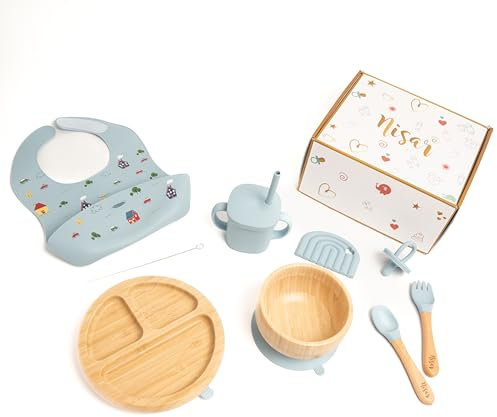 Coffret Repas Bébé en Bambou et Silicone Sans BPA - Set de table bébé - Complet avec Bavoir, Couverts, Bol Ventouse, Sucette, Anneau de Dentition - Idéal Cadeau (Bleu)