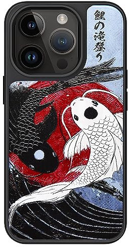AUKIYUI Designed for iPhone 14 Pro Case, Japanese Design Phone Case Shockproof Hard Back with Non-Slip Soft Bumper Cover, Aesthetic Koi Fish Print Cool Embossed Pattern, Black 6.1