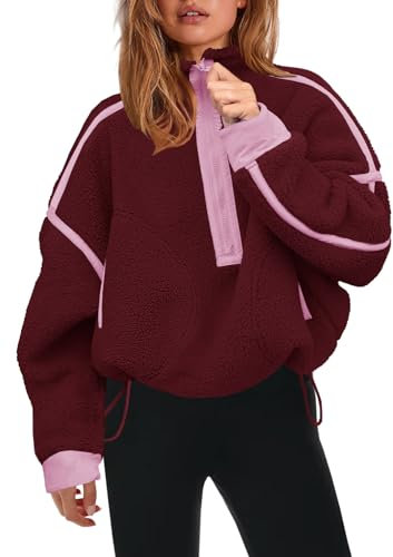 Panadila Womens Half Zip Sherpa Fleece Pullover Soft Oversized Sweatshirt with Pockets Warm Fuzzy Sweater, Burgundy, Medium