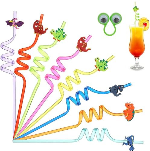 Cannucce Colorate di Dinosauro,Cannucce Ricci Riutilizzabili,Cannucce di Plastica,8PC Cannucce Colorate Decorazioni Cannucce Spirale Colorate per Forniture per Feste Succhi Estivi Bambini