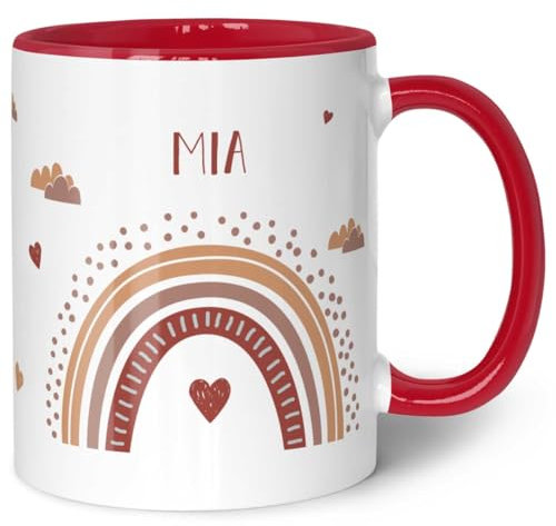 GRAVURZEILE Tasse für Kinder - im Regenbogen Design - Personalisiert mit Namen - Geschenk für Mädchen und Jungen zum Geburtstag - zur Kommunion und Konfirmation - Geburtstagsgeschenk - Rot