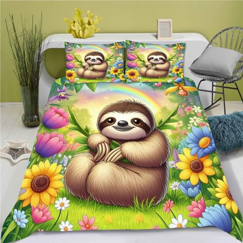 KIDSLOVE Faultier Bettwäsche 135x200cm Cartoon-Tier Faultier Bettbezug Microfaser Bedruckte Bettwäsche-Sets Bettbezug mit Reißverschluss, Microfibre for Children (135 x 200 cm,8)