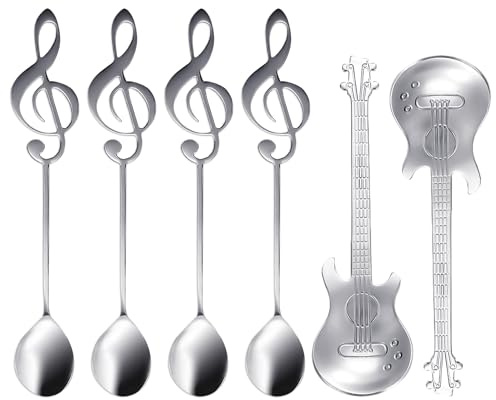 6 Stück Edelstahllöffel, Kaffeerührlöffel, Kreative Musiknotenlöffel, Gitarrenlöffel, Eislöffel, Tragbares Geschirr Für Musiknoten Und Musikinstrumente, Becher-Eislöffel