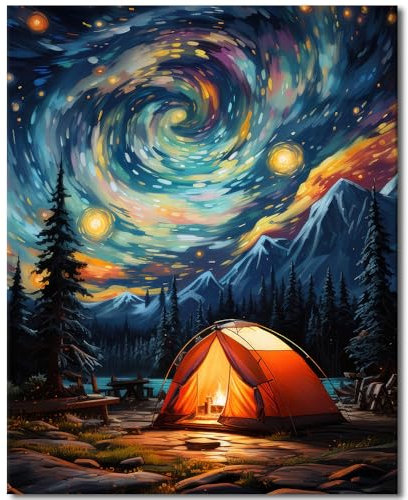 Sternenhimmel Farbe nach Zahlen Erwachsene auf Leinwand, DIY Abstrakte Landschaft Wilderness Zelte Ölgemälde Geschenk-Zuhause Wohnzimmer Schlafzimmer Küche Badezimmer Wand Dekor 16x20 Zoll ohne Rahmen