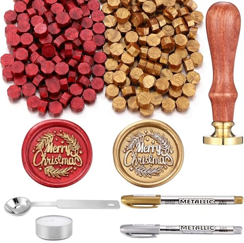Filhome Weihnachten Wachs Siegelstempel Set 130 Stück Siegelwachs Perlen Gold & Rot mit Merry Chrismas Wachssiegel Stempel für Weihnacht (#2)