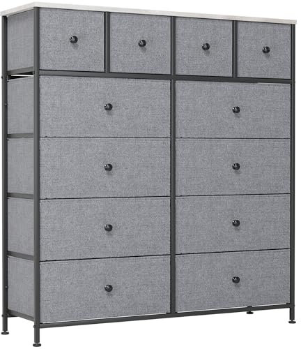 Clevich Stoff-Kommode, Schminktisch Schrank, Aufbewahrungsschrank, 12 Schubladen aus Stoff, Metallrahmen, industrieller Stil, für Wohnzimmer, Flur, Schlafzimmer (Dunkelgrau)
