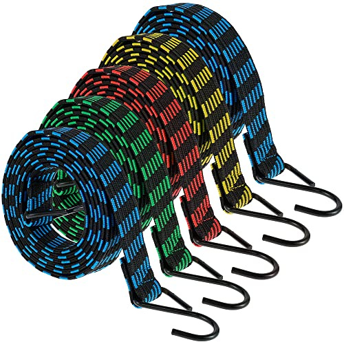 5 PCS Bungee Cords with Hooks 2m Heavy Duty Outdoor Bungee Straps Long Elastic Rope Weatherproof & UV-Resistant Anti-Slip Flat Elasticity Rubber Straps for Luggage Tents Camping Moving Cargo