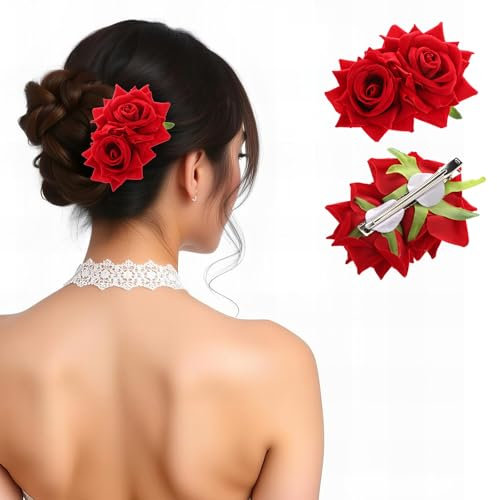 Ptwola Rosen Haarspange Haarclip Rot Blume Brosche Haarschmuck Haarnadeln Haarklammer für Party Hochzeit Halloween Karneval Maskerade Make up Kopfschmuck für Frauen Mädchen