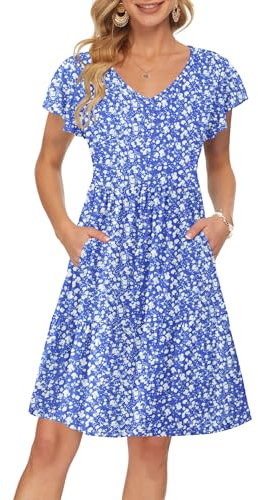 AUSELILY Women Summer Dress Ruffle Petal V-Neck Sundress Short Sleeve Casual Dress with Pockets Blue White Flowers M