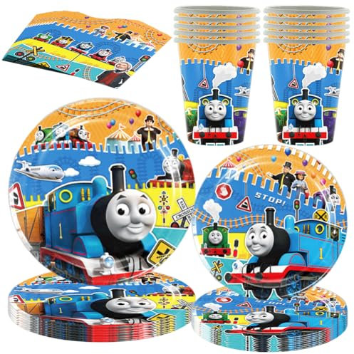 PDXVDP Tho-mas Birthday Party Tableware Set, Blue Cartoon Plates, Napkins, Cups for 10 Guests