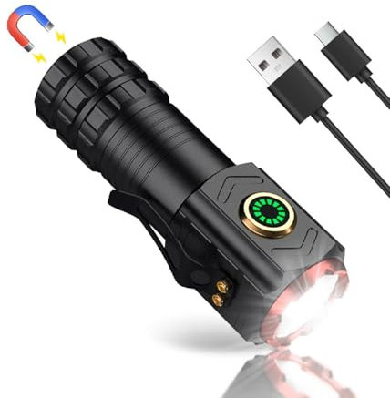 Cuteefun Torches LED Super Bright, Portable Pocket Torch with Clip, USB C Rechargeable Magnetic Flashlight, 5 Lighting Modes, Small Torch for Power Cut, Camping, Hiking, Emergency, Black