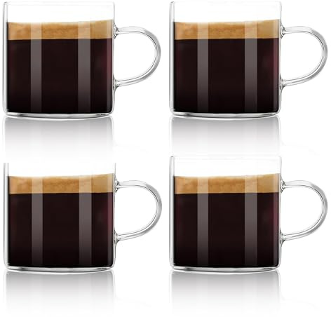 Liang baobao Espresso Cups Set, Espresso Shot Glasses Mugs Small Tea Cups 4.5oz, Clear Glass with Handles for Cappuccino Coffee Tea (4)