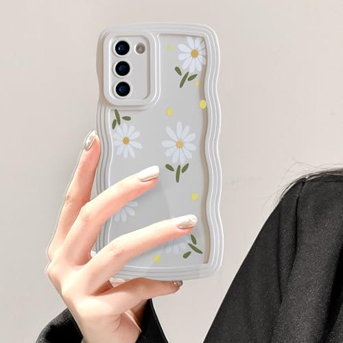 UEEBAI Hülle für Samsung Galaxy S22 5G, Wellen Rahmenform Silikon Handyhülle mit Gänseblümchen Blumen, Slim Fit Weiche TPU Bumper Cover Case Stoßfeste Schutzhülle für Frauen Mädchen, Beige Blume