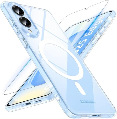 Hensinple Magnetica Cover per Samsung Galaxy S25 Edge con Vetro Temperato, Compatibile con MagSafe, Custodia Samsung S25 Edge Antiurto Trasparente Posteriore Sottile Resistente ai Graffi, Trasparente