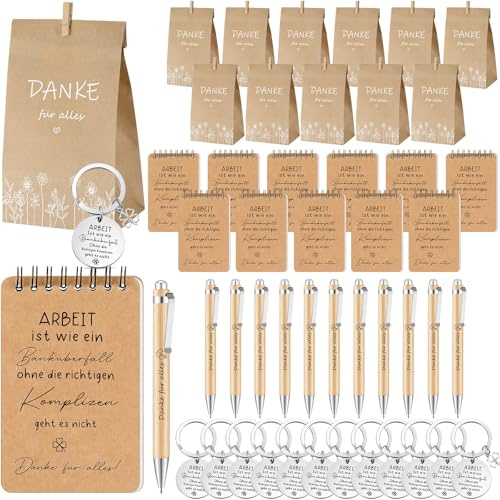 Sinmoe 12 Set Danke Geschenke, Abschiedsgeschenk für Lehrer Kollegen | Arbeit Ist Wie Ein Banküberfall, Spiral-Notizblock, Kugelschreiber, Kraftpapiertüte, Schlüsselanhänger, Holzklammer
