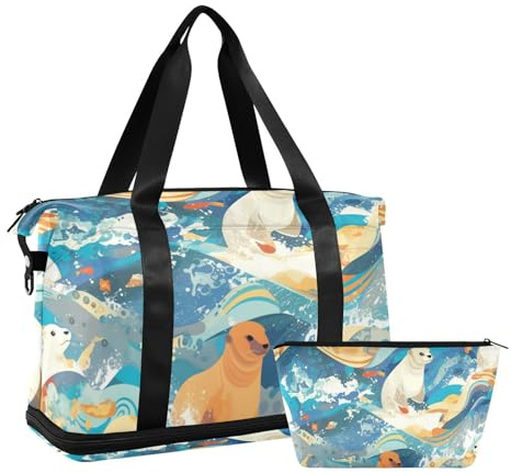 White Seal Japanese Style Waves Gym Sports Duffel Bags Shoulder Bag Weekend Travel Cosmetic Bag Multifunctional White Seal Waves Japanese Style 1 Size, White Seal Waves Japanese Style, 1 size