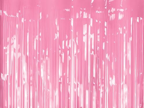 Lametta Vorhang 100x200cm - Folienvorhang mit Langen Fransen - rosaner Hintergrund für Fotoshootings - Partyvorhang Disco & Party Deko - Rosa