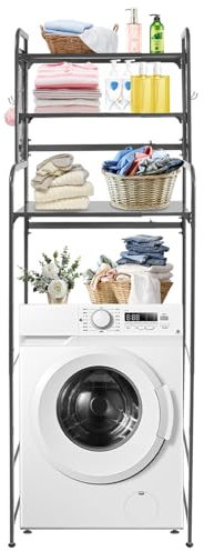 HDMOZUYT 3-Tier Expandable Over Toilet Washing Machine Dryer Storage Utility Rack Bathroom Organizer Rack Laundry Room Storage and Organizer Standing Shelf Space Saving (Grey)
