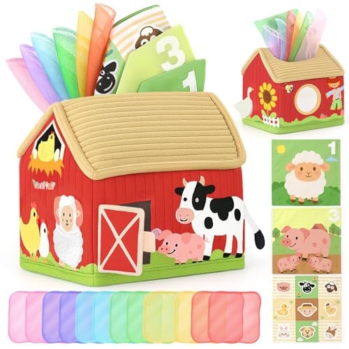 Vanplay Baby Spielzeug 6 Monate, Montessori Spielzeug Bauernhof-Thema Tissue Box Spielzeug mit Schal und Spiegel, Baby Geschenk 6 12 Monate Mädchen Junge